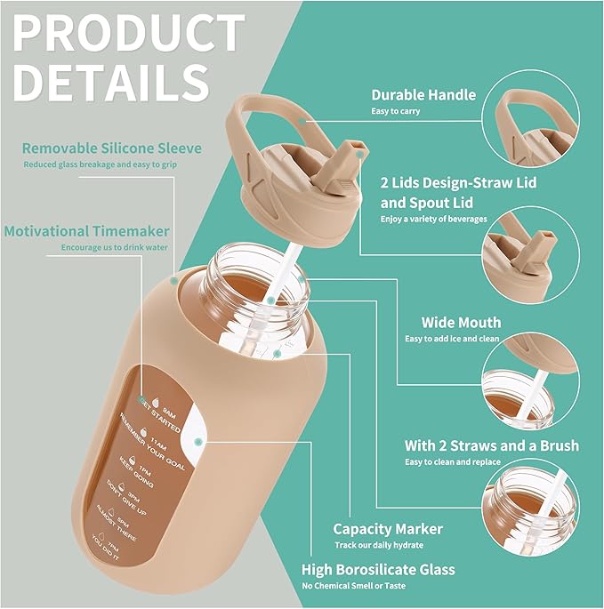 CIVAGO 64 oz Glass Water Bottle Jug with Straw and Handle, Half Gallon Sports Motivational Bottle with Time Marker and 2 Lids, Large Flask Canteen with Silicone Sleeve for Gym, Beige