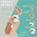 CIVAGO 32 oz Glass Water Bottle with Straw and Handle, Large Sports Motivational Water Bottle Flask with Time Marker and 2 Lids, Leakproof Water Jug Canteen with Silicone Sleeve for Gym,Smog Blue