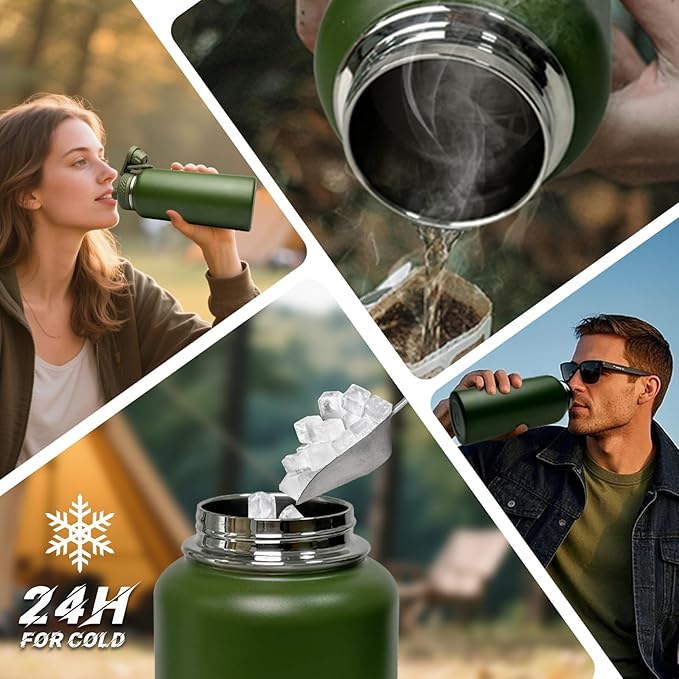 32 oz Water Bottle with Sleeve - Military Green Stainless Steel Metal Insulated Water Jug, Sports Bottle for Gym Hiking Camping Camo Pouch