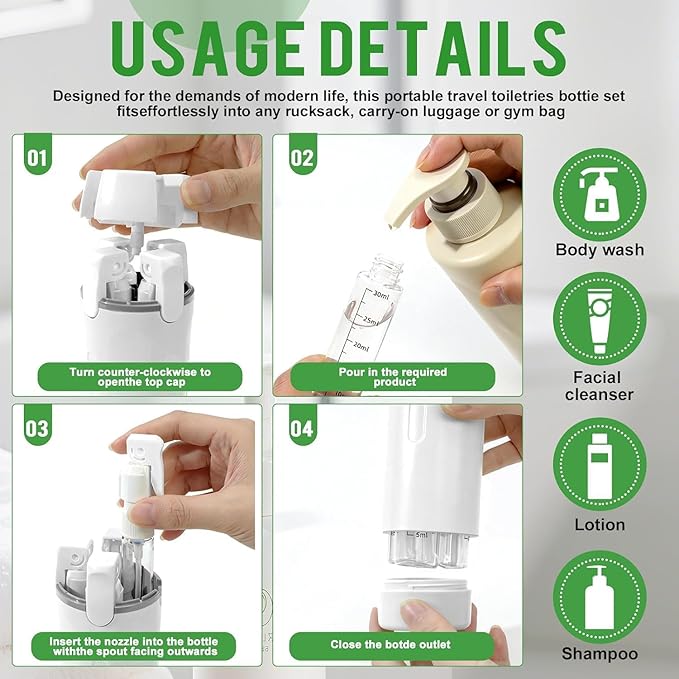 4 in 1 Travel Dispenser Bottle,Leak Proof Refillable Bottles Store Shampoo, Lotion and More,Transparent with Scale, Easy Squeeze Use, Lightweight & Portable Perfect for Travel,Gym,Camping (MIX-2Pcs)