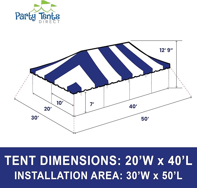 Party Tents Direct 20'x40' Weekender Canopy Pole Tent - Easy Up Canopy Tent with 160 Person Capacity - Outdoor Canopies for Parties, Weddings, & Events (Blue/White Top)