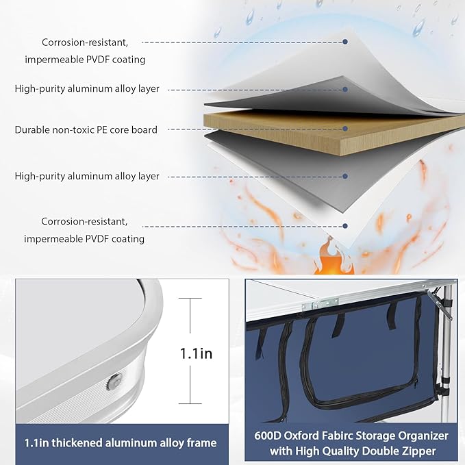 Camping Table, Folding Camping Table with Storage, Portable, Lightweight, 3 Height Adjustable Aluminum Outdoor Table for BBQ, Picnic, Camping, Hiking, Beach, and Indoor, Blue