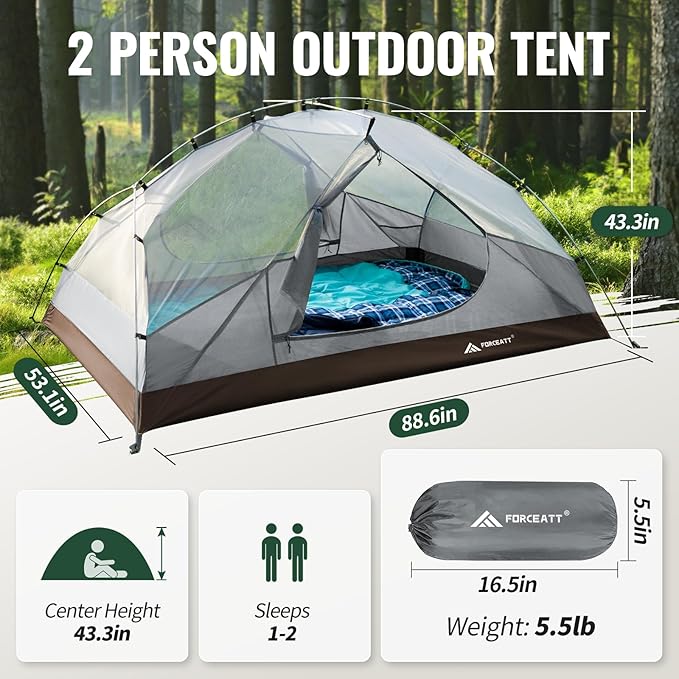 Forceatt Tent for 2 and 3 Person is Waterproof and Windproof, Camping Tent for 3 to 4 Seasons,Lightweight Aluminum Pole Backpacking Tent Can be Set Up Quickly,Great for Hiking