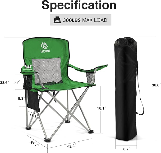 Camping Chair, Portable Folding Outdoor Chair with Arms, Cup Holder and Carry Bag
