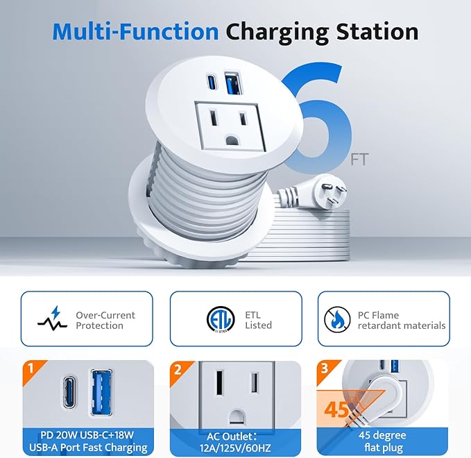 Recessed Power Grommet with 20W USB C Fast Charging, 2 inch Conference Recessed Outlet,Flush Mount for Desk,Office Tables,Furniture,6FT Cord, 45° Thin Flat Plug, White