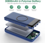 Wireless Portable Charger 30,800mAh 15W Wireless Charging 25W PD QC4.0 Fast Charging Smart LED Display USB-C Power Bank,4 Output& 2 Input External Battery Pack Compatible with iPhone, Samsung etc-Blue