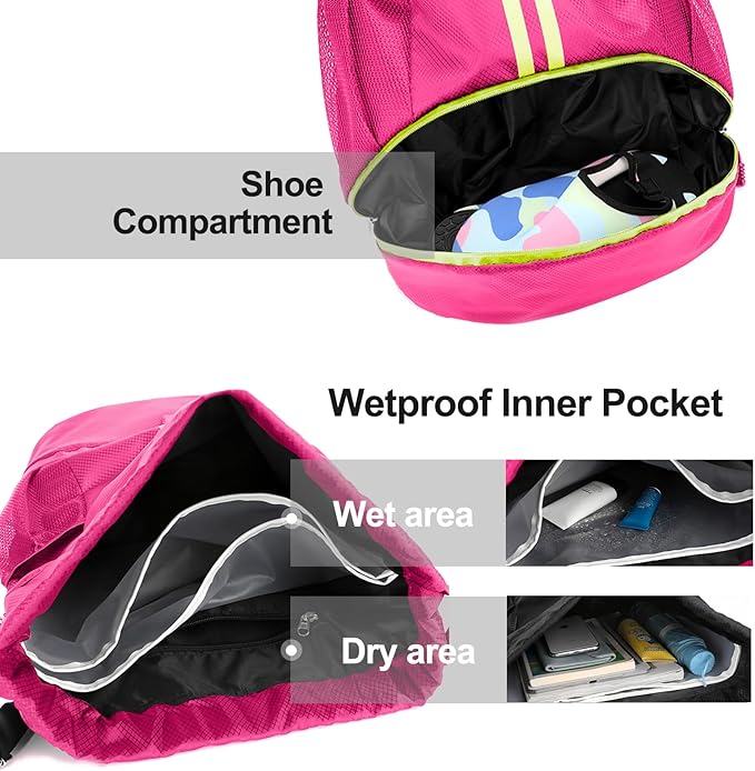 Hoedia Sports Drawstring Backpack - String Swim Gym Bag with Shoes Compartment and Wet Proof Pocket for Women and Men