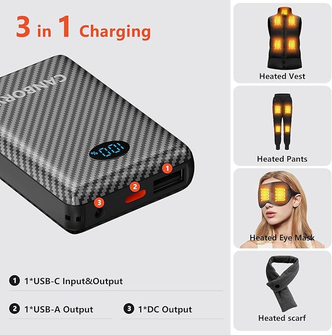 5V 2A/3A Battery Pack for Heated Vest Heated Jacket, 12000mAh Power Bank for Heated Apparel with LED Display with 7.4V DC Port