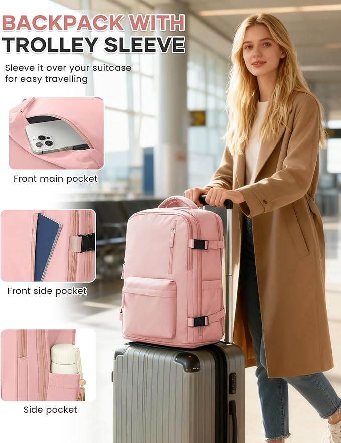 WONHOX Large Travel Backpack Women, Carry On Backpack,Hiking Backpack Waterproof Outdoor Sports Rucksack Casual Daypack with Shoes Compartment, Pink