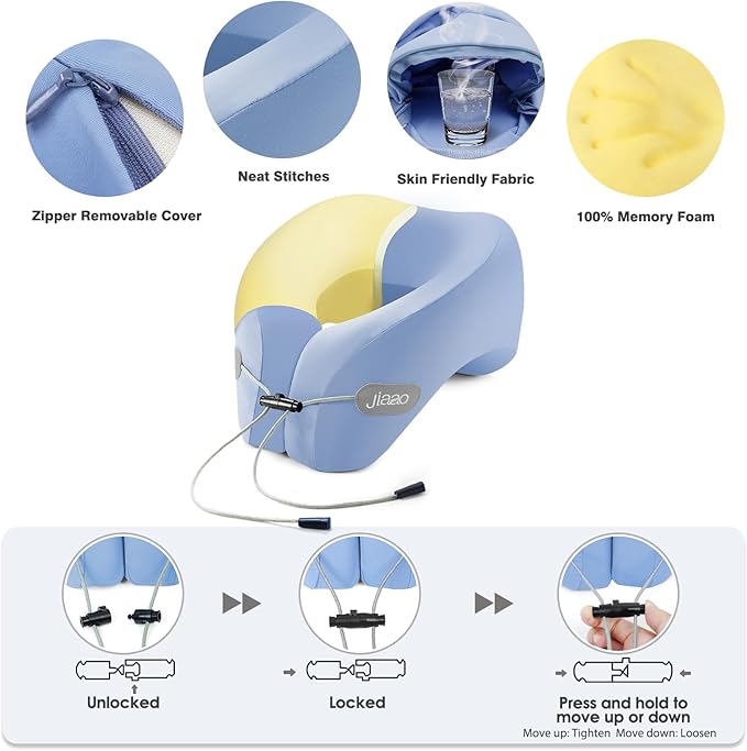 Neck Pillow Airplane, 2025 Upgraded Memory Foam Travel Pillow for International Flights, Adjustable Clasp, Storage Bag, Advanced Neck Support for Road Trips, Home, Office, and Gaming