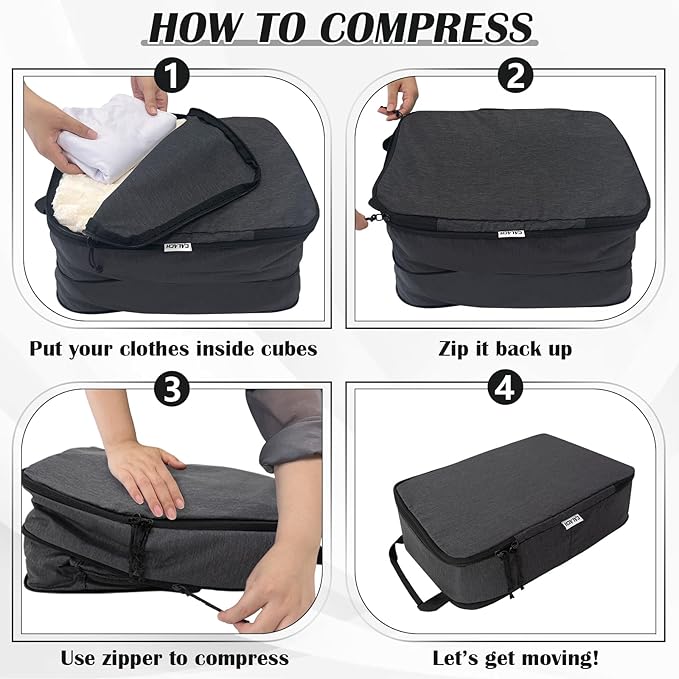 Extra Large Compression Packing Cubes for Travel Essentials, 2 Set Expandable Travel Cubes for Packing Compression Bags Luggage Suitcase Organizer, Black