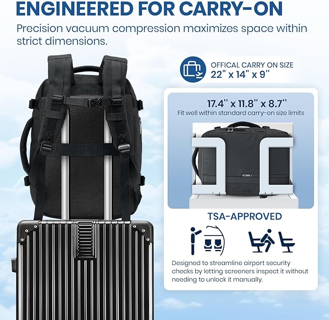 Fanwoli Vacuum Travel Backpack, Carry On Luggage with TSA Lock & Anti Theft Zipper, Expandable Airback with Compression Pump, Waterproof Laptop Bag Ideal for Flight & Business