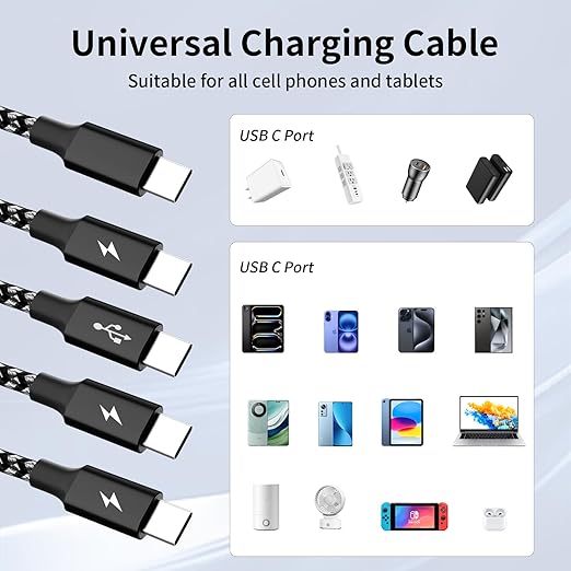 USB C Splitter Multi Charging Cable 2Pack, Dual Type C Charger Cord,4 in 1 Multiple Nylon Braided Cable with 4 Type-C Connectors Compatible with iPhone 17 16 Pro Max/Galaxy/Tablets/Google-5FT.