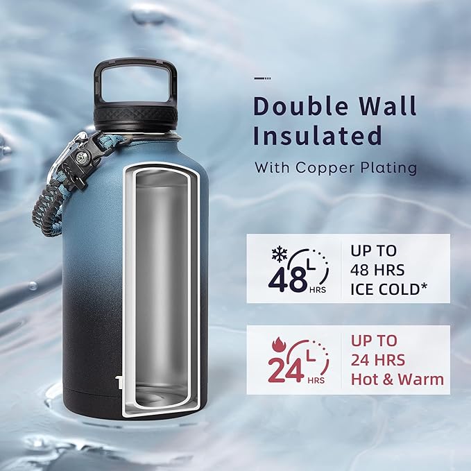 Trebo Water Bottle 64oz with Paracord Handle, Half Gallon Large Vacuum Double Wall Stainless Steel Insulated Water Jug with Holder Strap Straw Spout Lids, Leakproof Keep Cold & Hot, Indigo/Black