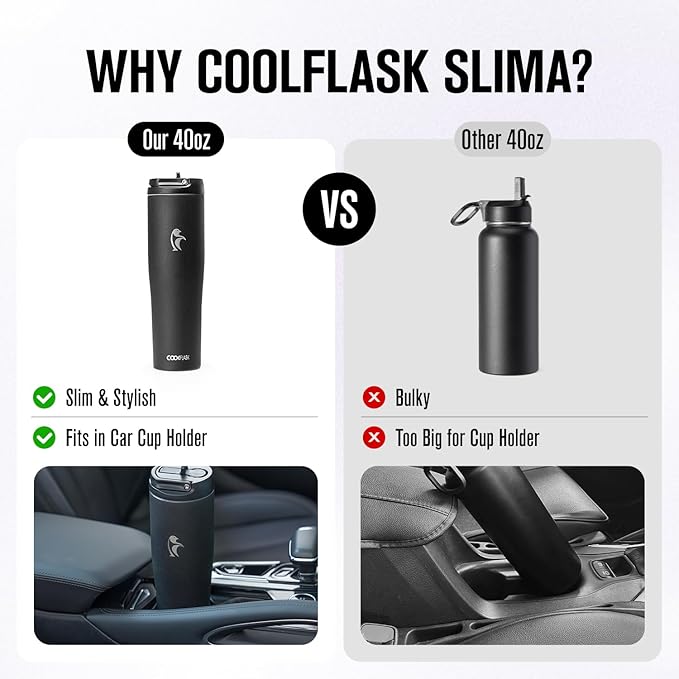 Coolflask Water Bottle 40 oz Fits Car Cup Holder, Slim Tumbler Stainless Steel with Straw & Handle, Vacuum Flask Leakproof Wide Mouth for Travel Sports Gym, Black