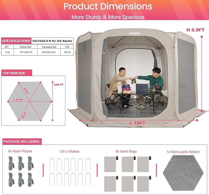 Porayhut Pop up Screen House Tent Sun Shelter with Breathable Mesh Doors,Portable Camping Tent with Detachable Waterproof Floor,10x10FT Screen Canopy Outdoor for Family Friends Party