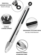 Anaeat Premium Kitchen Locking Tong Set of 3 - Heavy Duty Stainless Steel Food Tongs with Long Handle & Non-Slip Silicone Grip for Cooking, Baking, Grilling - Heat Resistant up to 480°F