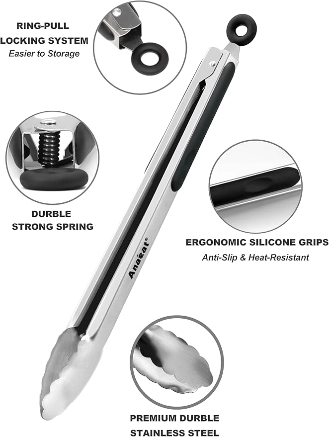 Anaeat Premium Kitchen Locking Tong Set of 3 - Heavy Duty Stainless Steel Food Tongs with Long Handle & Non-Slip Silicone Grip for Cooking, Baking, Grilling - Heat Resistant up to 480°F