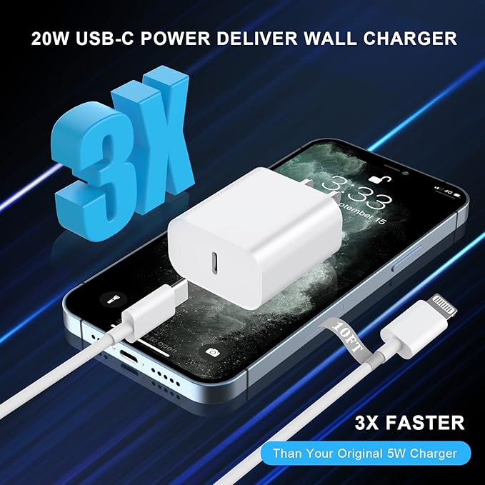 Matsusho iPhone Charger Fast Charging 10 FT, 2 Pack 20W USB C Wall Charger Block with 10FT Long Type C to Lightning Fast Charging Data Sync Cable Compatible for iPhone 14 13 12 11 Pro Max XS XR X iPad