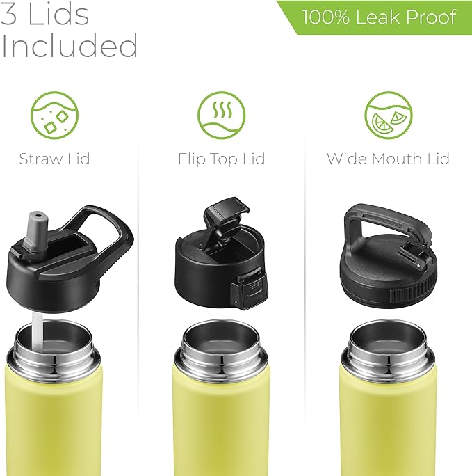 SipX™ Triple-Insulated Stainless Steel Water Bottle 18oz. With 3 Lids, BPA-Free Reusable Insulated Water Bottle Keeps Cold 24 Hours, (Yellow)