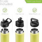 SipX™ Triple-Insulated Stainless Steel Water Bottle 18oz. With 3 Lids, BPA-Free Reusable Insulated Water Bottle Keeps Cold 24 Hours, (Yellow)