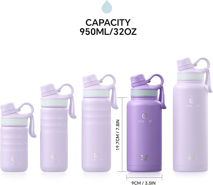 IDEUS Insulated Stainless Steel Water Bottle with 2 Leak-Proof Lids, Thermal Water Flask for Hiking Biking, 32oz, Violet