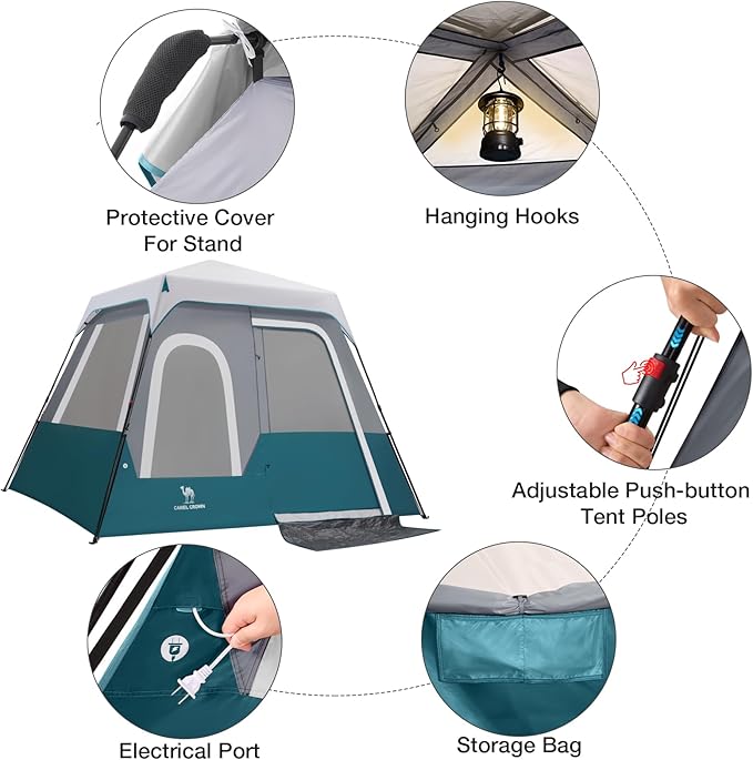 Camping Tents 4/6 Person Pop Up Instant Tent - Setup in 60s for Family Camping, Windproof Design, Family Cabin Tent with Rainfly & Backpack Carry Bag