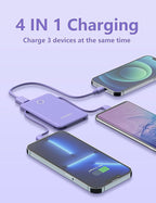 miisso 6000mah Ultra Slim Built in Cables Power Bank, Card Size Built in USB C Cords Battery Pack Portable Charger for Phones, 3 Output External Battery Pack Compatible with iPhone, Samsung, Purple