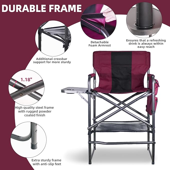 30" Tall Directors Chair with Side Table, 400LBS Bar Height Folding Camping Chair for Makeup Artists, Outdoor Events, Portable Foldable Chair with Cup Holder & footrest - Wine Red/Black