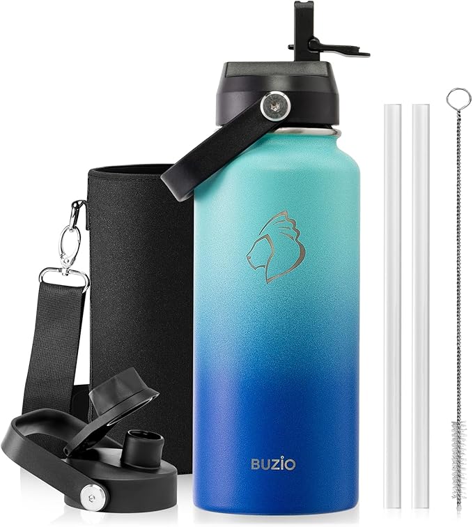 BUZIO Stainless Steel Water Bottle (Cold for 48 Hrs, Hot for 24 Hrs), 32 oz Vacuum Insulated Water Bottle with Straw Lid and Flex Cap (Double Wall, Wide Mouth, BPA Free, Leak Proof), Caribbean Blue