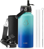 BUZIO Stainless Steel Water Bottle (Cold for 48 Hrs, Hot for 24 Hrs), 32 oz Vacuum Insulated Water Bottle with Straw Lid and Flex Cap (Double Wall, Wide Mouth, BPA Free, Leak Proof), Caribbean Blue