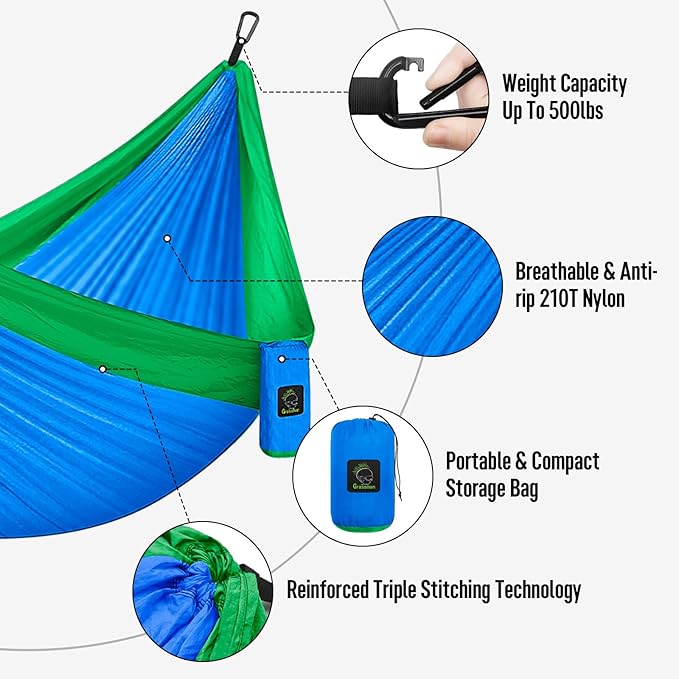Grassman Camping Hammock Double & Single Portable Hammock with Tree Straps, Lightweight Nylon Parachute Hammocks Camping Accessories Gear for Indoor Outdoor Backpacking, Travel, Hiking, Beach