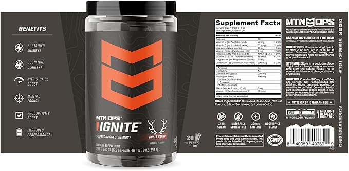 MTN OPS Ignite Trail Packs Energy Drink Powder, Gluten Free Nootropic Supplement Drink Mix, L Arginine, L Citrulline, Caffeine & Nootropic Sugar Free Drink Mix, 20 Servings, Bugle Berry