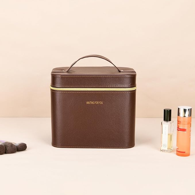 Luxury brown makeup box, Portable leather hard cosmetic case with mirror, Professional train case make up box for women adults. (Double-layer-Brown)