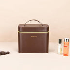 Luxury brown makeup box, Portable leather hard cosmetic case with mirror, Professional train case make up box for women adults. (Double-layer-Brown)