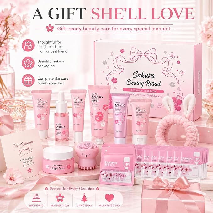 Japan Sakura Skin Care Set For Teen Girls, Skincare For Girls 10-12, Skin Care For Teens 10-12, Japanese Cherry Blossom Skin Care For Kids, Birthday & Mothers Day Gifts 30PCS