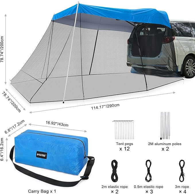 G4Free Car Awning Sun Shelter with Mosquito Net, Portable SUV Tent Tailgate Shade Car Canopy for Outdoor Camping Travel (Blue)