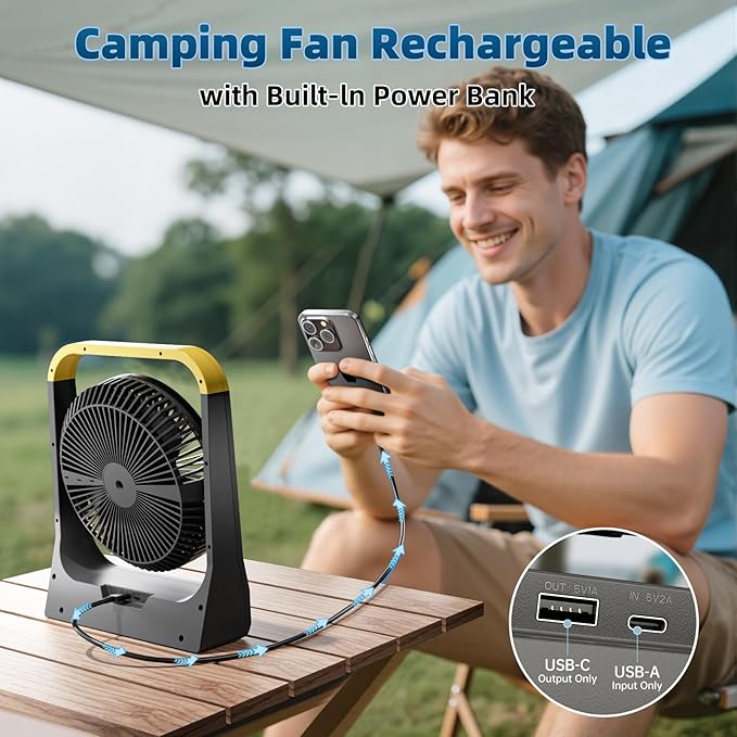 Battery Powered Rechargeable Portable Fan: 20800mAh Battery Operated Camping Fan [80H Long Lasting] 3350RPM USB Desk Personal Fan with 4 Speed 3 Timer for Travel/Outdoor/Bedroom/Office/Beach/Fishing