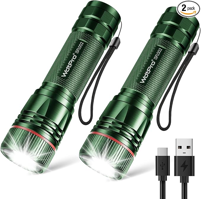 WdtPro Rechargeable Flashlights High Lumens, 2 Pack Super Bright LED Small Tactical EDC Flashlight with 10H Runtime, Portable Flash light for Camping, Home, Emergency Essentials Green Battery Included