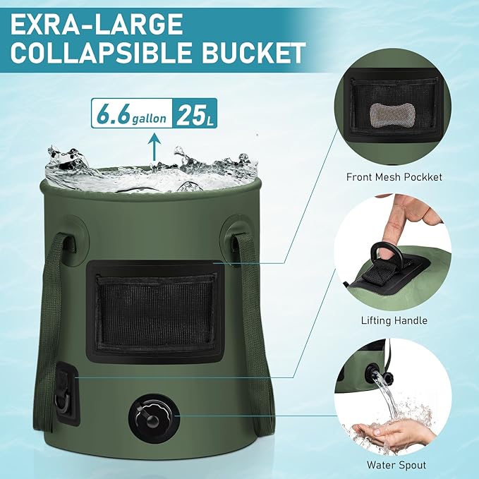 Portable Camping Shower, Pop Up Shower Privacy Tent Kit with LED Lights, 4500mAh Rechargeable Shower Pump, Filtered Shower Head & 7.4 Gallons Foldable Bucket, Outdoor Shower for Hiking Beach, Travel