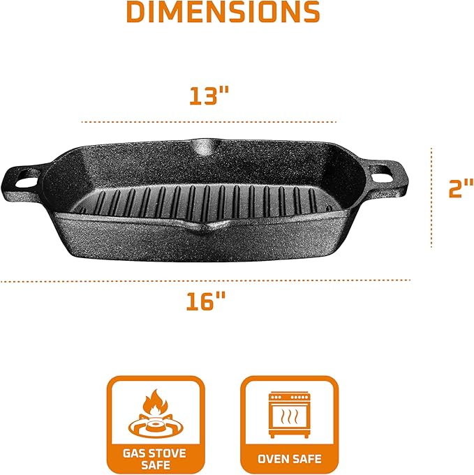 Bruntmor 13 Inch Cast Iron Pan Griddle - Pre-Seasoned Cast Iron Grill Pan for Stove Top and Outdoor Cooking - No Stick Grilling Pan with Ridges for Meats, Steaks and Vegetables - Induction Compatible