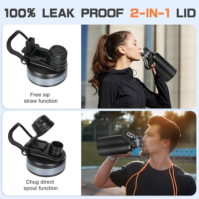 Insulated Water Bottle 64 oz, Half Gallon Water Jug Cold 48H, BPA Free Stainless Steel Bottles with Straw/Chug 2-in-1 Lid, Bag, Paracord Handle, Silicone Boot, Sports Gym School Metal Flask