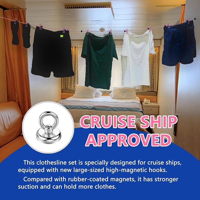 Magnetic Retractable Clothes Line for Cabin - Approved 2025 2026 Cruise Essentials - Drying Rack Travel Clothesline with Clothespins -4 Cruise Luggage Tags- Strong Magnets Hooks (Pink)