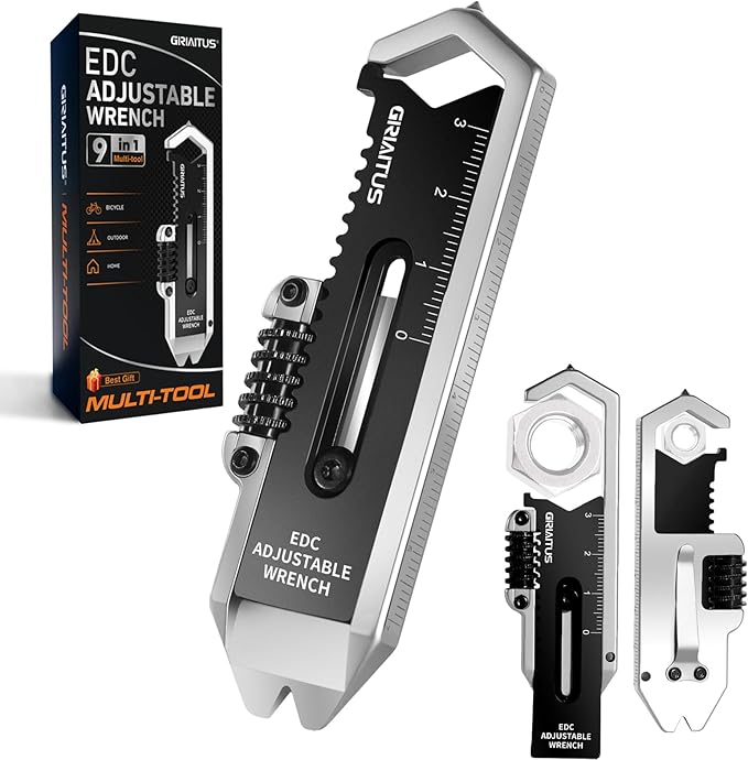 Small Multitool Wrench 9 in 1 Pocket Adjustable Wrench for Screw with Mini Pry Bar Nail Puller Keychain Tool Caliper Measuring Ruler Glass Breaker EDC Gadget Survival Gear for Men Cycling Hiking