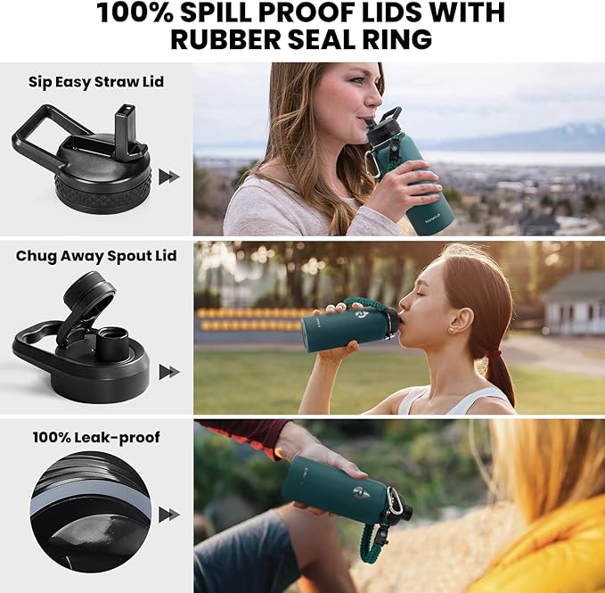 Insulated Water Bottle 32 oz, Triple Wall Vacuum Stainless Steel (Cold for 48 Hrs), Leak Proof & Non-BPA, Modern Water Flask Jug with Paracord Handle & Straw Spout Lids, Dark Green