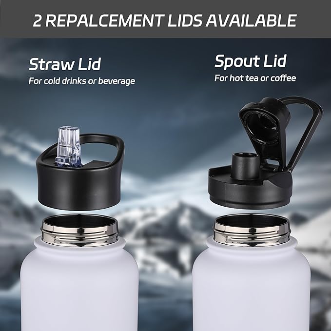 HASLE OUTFITTERS 32 oz Insulated Water Bottle Stainless Steel Double Walled Vacuum Sports Water Bottle with 2 Lids (Straw and Spout Lid) for Gym Camping Hiking(White,8)