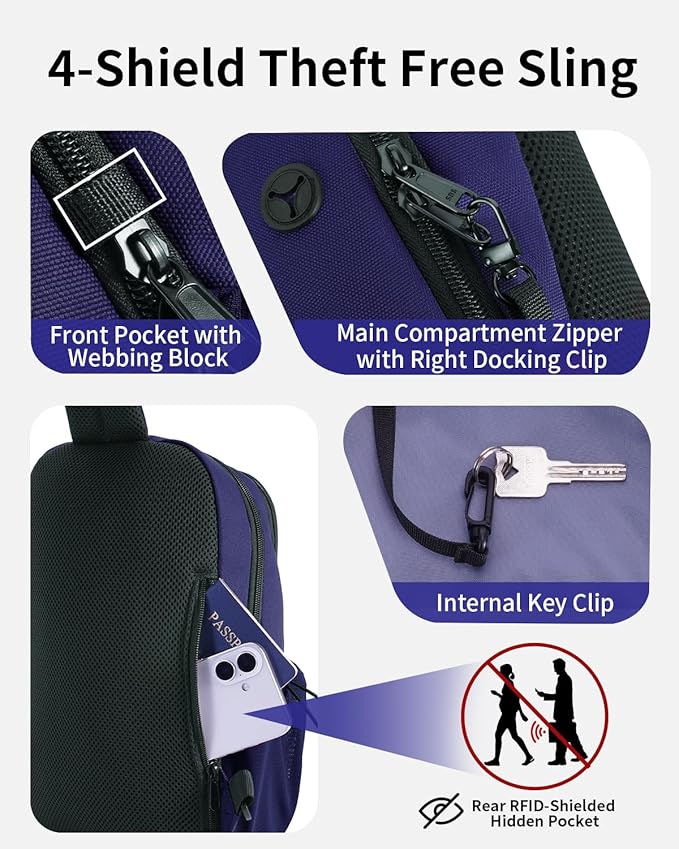 ECOHUB Crossbody Bags for Women Men, Anti-Theft RFID Blocking Roomy Sling Backpack with Sturdy SBS Zippers Water Resistant Chest Shoulder Bag Daypack with 9 Pockets Casual Walk Outdoor, Blue