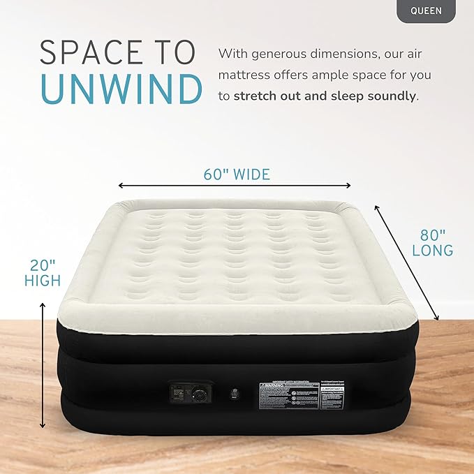 RestElevated Luxury Pillow Top Queen Size Air Mattress with Built in Pump | 20" Raised Height with Coil Beam Support | Adjustable Blow Up Air Bed | for Home, Guests and Camping [Black with Cream Top]