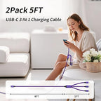 USB C Multi Charging Cable (2Pack 5FT), Nylon Braided 3 in 1 Charging Cable Multiple Charger Cord with Type-C/Micro USB and IP Port, Compatible with Most Cell Phones-Purple