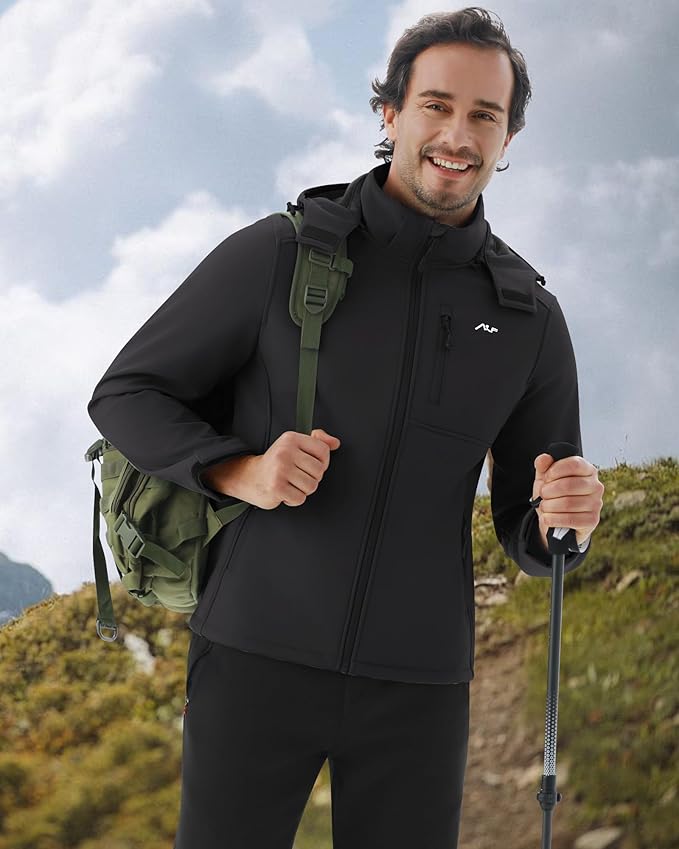 WULFUL Men's Softshell Jacket Waterproof Lightweight Insulated Windbreaker Fleece Lined Rain Shell Jacket for Hiking Travel